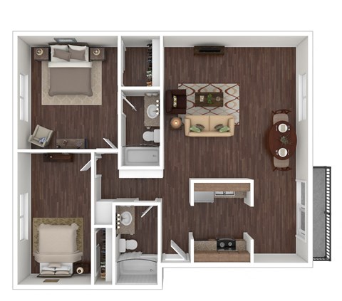 Floor plan for 2 beds, 2 baths, 983 sqft